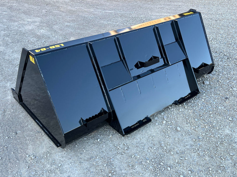 Rugged skid steer manure bucket handling wet debris and organic waste – built for strength, stability, and superior performance.