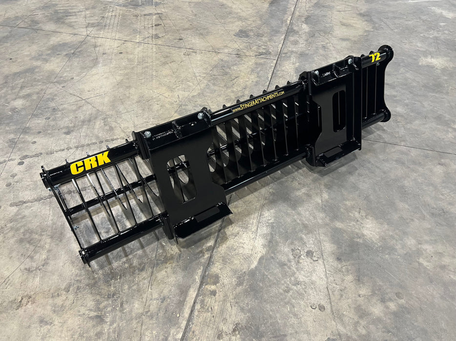Heavy-duty rock bucket by Stinger handling rocks and debris – durable design built for compact tractors and skid steers.