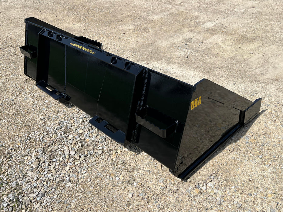 Durable Stinger skid steer material bucket attached to loader – reliable Series 1 model for hauling, digging, and cleanup work.