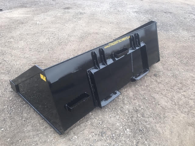 Side profile of Stinger Series 4 skid steer material bucket in action – rugged steel design ensures stability and superior load capacity.