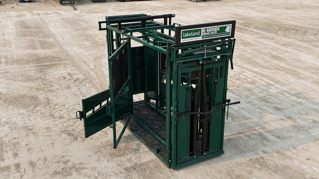 Close-up of latch and locking mechanisms on Lakeland E-Series Cattle Squeeze Chute