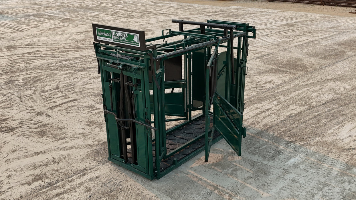 Close-up of latch and locking mechanisms on Lakeland E-Series Cattle Squeeze Chute