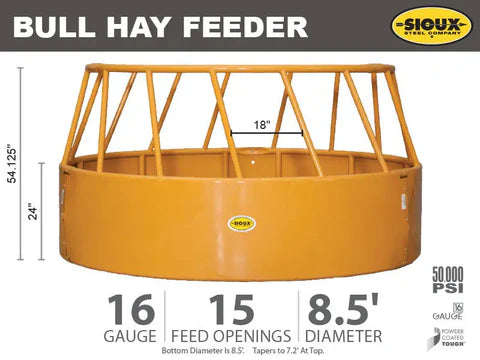 Livestock feeding from Sioux Steel Bull cattle hay feeder engineered for efficient hay access and minimal feed waste.