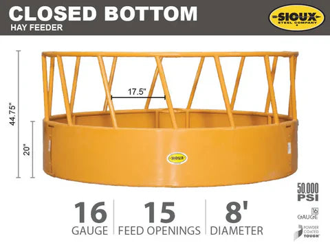 Ranch setup with Sioux Steel cattle hay feeder built from reinforced steel to deliver long-lasting performance and safety.