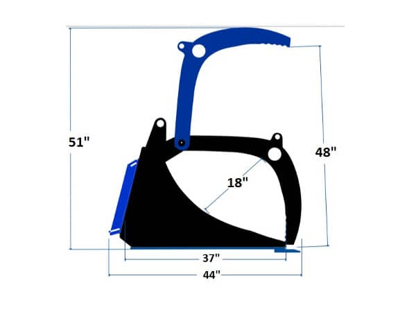 Close-up of the demolition grapple bucket jaws showing reinforced steel tines and hydraulic cylinders for maximum grip.
