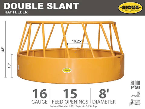 Ranch setup with Sioux Steel Double Slant cattle hay feeder built for durability, stability, and easy cattle access.
