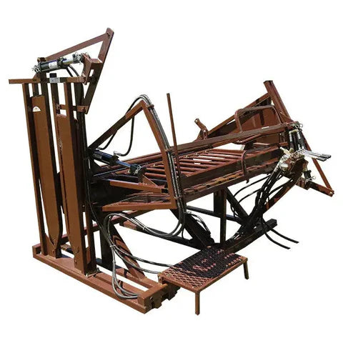 Side view of HiQual Heavy-Duty Hydraulic Calf Chute showing dual design and durable steel construction.