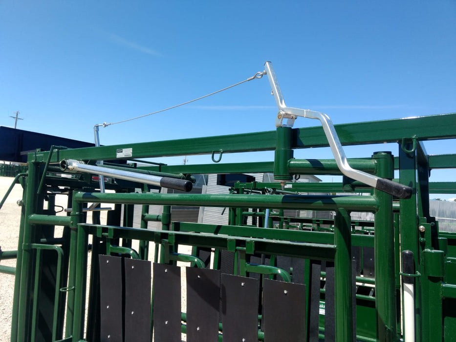 Side view of Lakeland Cattle Squeeze Chute showing easy-access gates and ergonomic controls