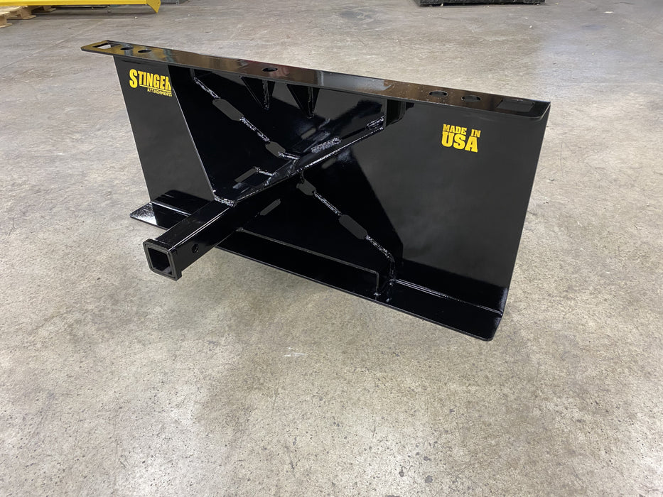 Compact tractor skid steer receiver hitch by Stinger – strong, versatile hitch built for reliable towing and easy attachment changes.