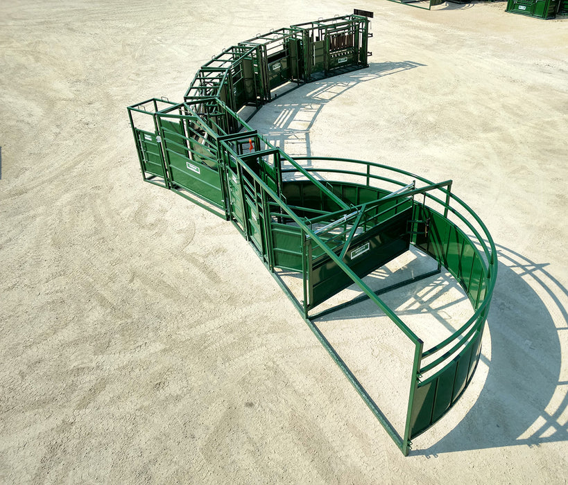 Top view of Premium C-Series Adjustable Cattle Alley showing dual-side adjustment panels for flexible width control