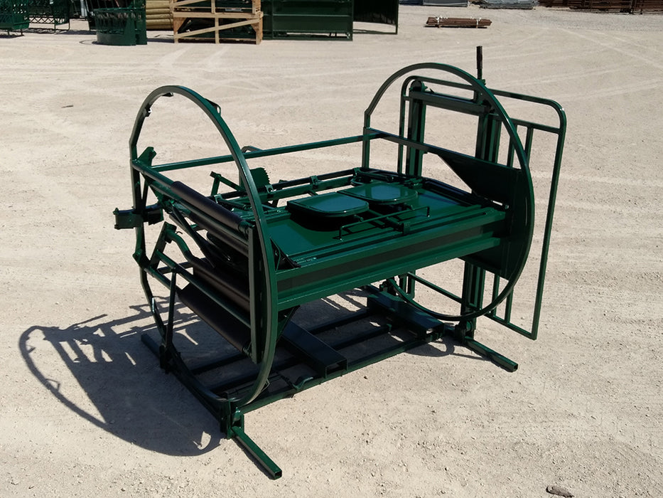 Side view of Premium C-Series Calf Table showing tilting mechanism and locking head gate