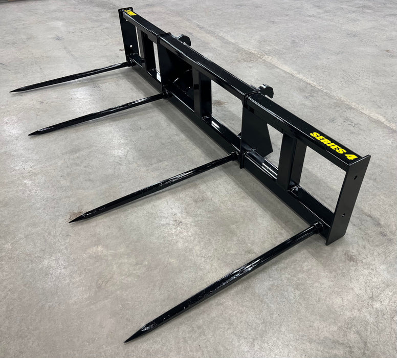 Stinger Series 4 bale spear transporting stacked hay bales – heavy-duty double spear design for superior productivity on the field.
