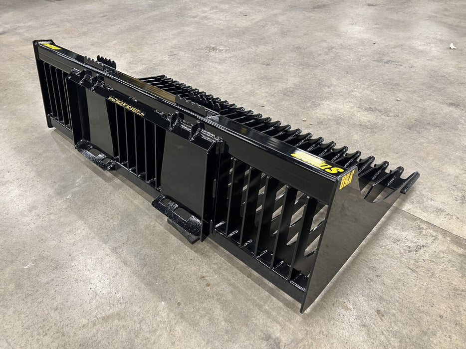 Operator using skid steer rock bucket to filter rocks on construction site – reliable attachment designed for tough earthmoving tasks.