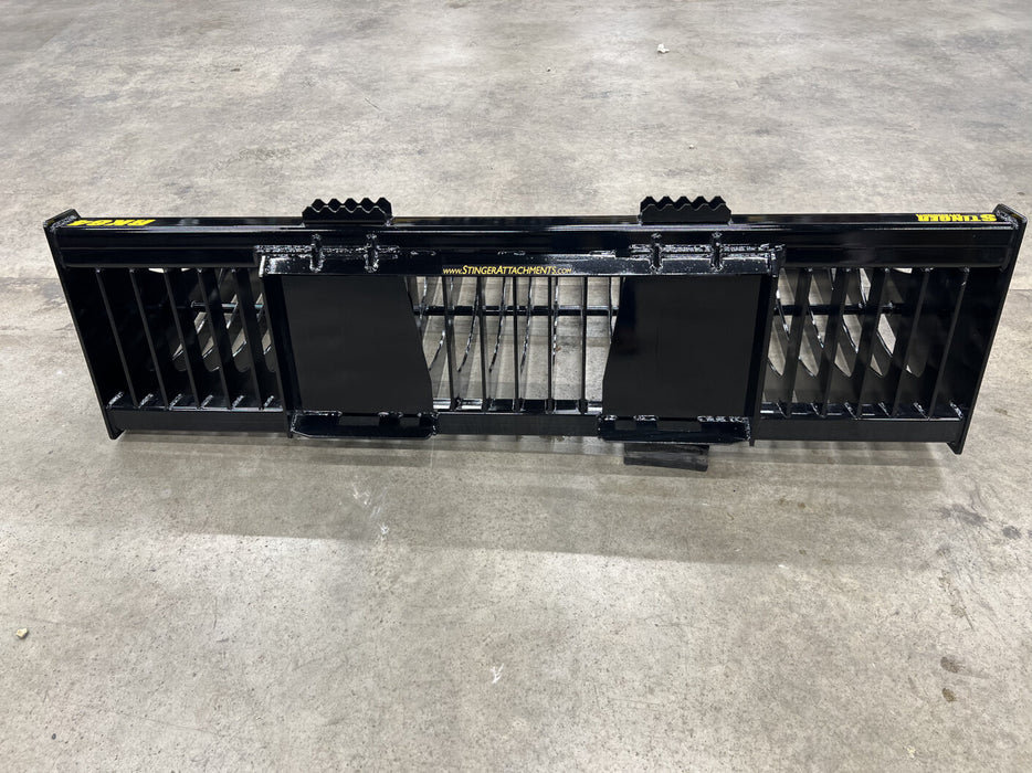 Close-up of heavy-duty skid steer rock bucket tines and reinforced bars – built for long-lasting performance and efficient rock screening.