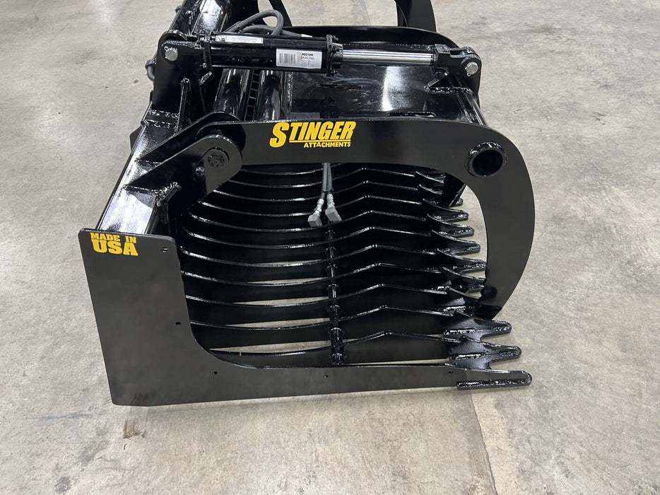 Stinger skid steer rock bucket screening stones and debris – high-performance skeleton frame built for efficient cleanup and grading.
