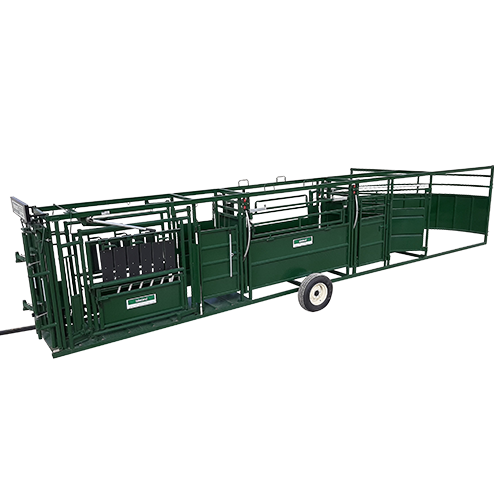 Full portable handling system by Lakeland featuring Cattle Squeeze Chute, alley, and tub