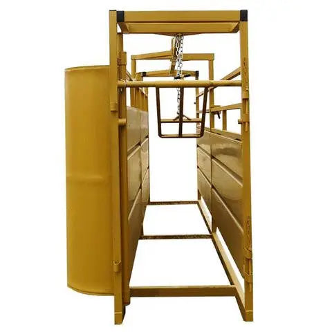 Side view of heavy-duty Sioux Steel Adjustable Cattle Alley showing durable steel panels and adjustable width design.