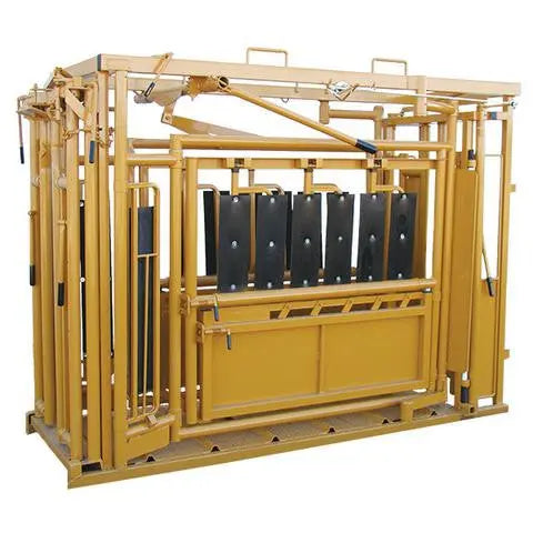 Full Cattle Chute setup by Sioux Steel featuring durable steel frame, side exits, and smooth-swing gates.