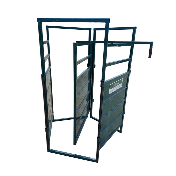Heavy-duty steel two-way sort gate used in cattle sorting systems for quick and safe livestock direction control