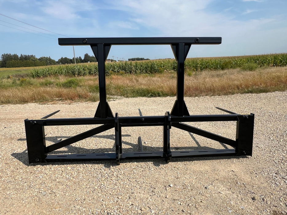 Close-up view of the Tractor Bale Spear 5XD steel frame showing reinforced triple-tine construction.
