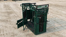 Close-up of latch and locking mechanisms on Lakeland E-Series Cattle Squeeze Chute