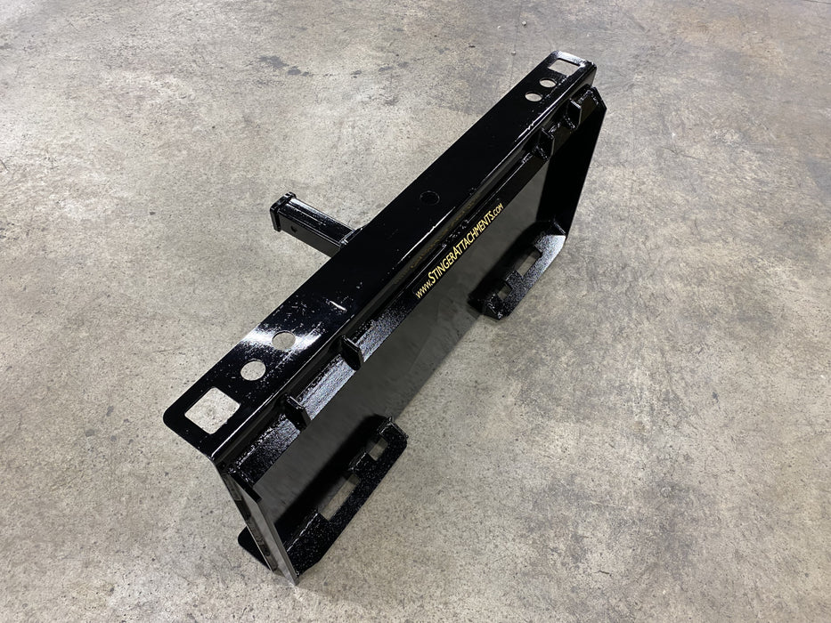 Removable 2-inch skid steer receiver hitch attached to compact tractor – heavy-duty tool built for versatility, stability, and convenience.
