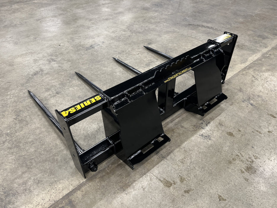 Detailed shot of the Series 4 Bale Spear tine alignment and protective sleeve for safe hay handling.