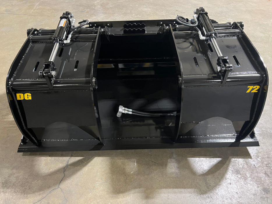 Side angle of the DG Series demolition grapple bucket demonstrating its robust frame and wide opening for debris handling.