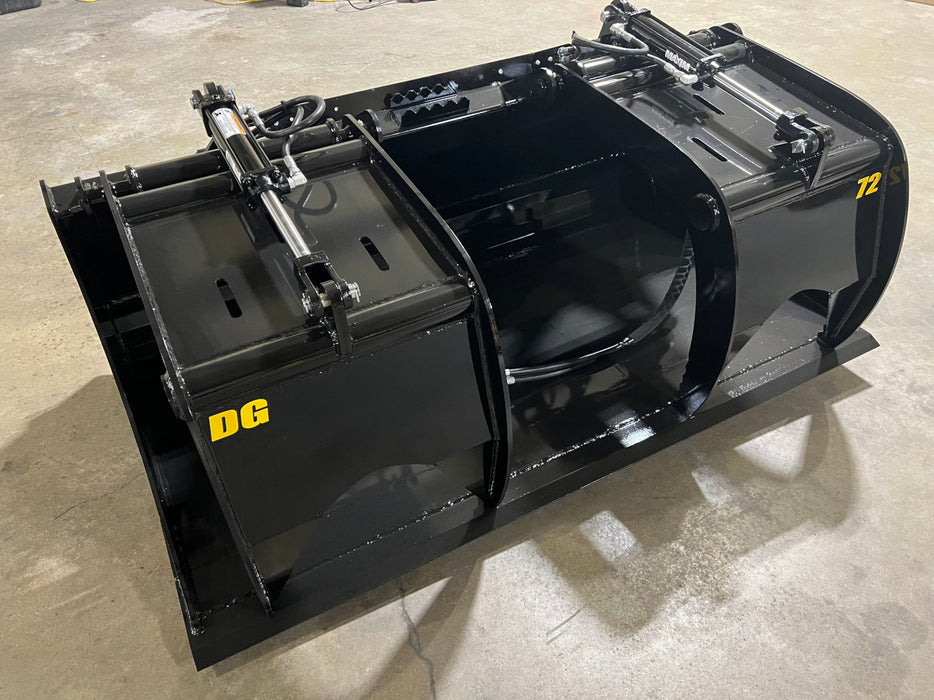 Industrial-grade demolition grapple bucket attachment resting on gravel, highlighting its durable design and precision welding.