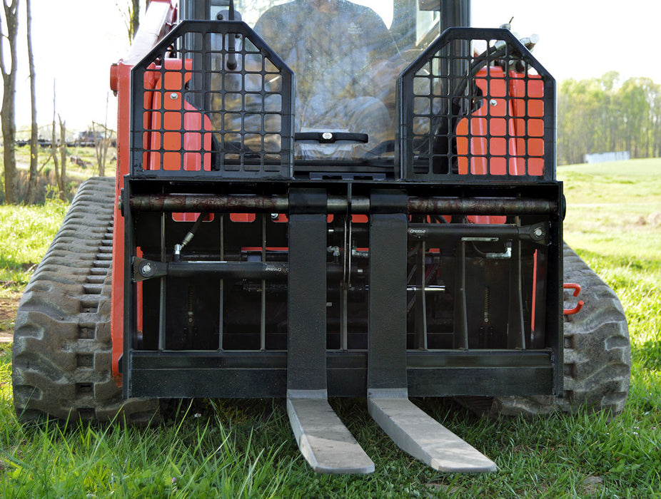 Loflin Hydraulic Pallet Fork for skid steer loaders, featuring adjustable tines controlled by hydraulics for efficient material handling.