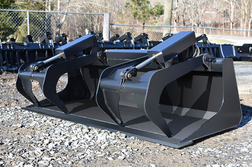 Loflin Tractor Grapple Bucket with dual hydraulic clamps, perfect for handling brush, logs, and debris on compact tractors.