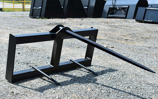 Loflin Tractor hay spear with heavy-duty steel frame, designed for efficient bale handling and easy attachment to compact tractors.