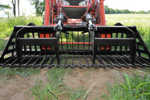Loflin heavy-duty Bucket Grapple with dual hydraulic arms, ideal for lifting rocks, debris, and roots using skid steer loaders.