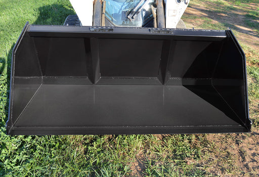 Loflin Fabrication skid steer snow bucket clearing heavy snow from a driveway – high-capacity attachment designed for efficient winter cleanup.