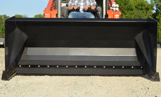 Loflin Fabrication skid steer snow pusher clearing deep snow from a parking lot – heavy-duty attachment built for powerful, efficient winter performance.