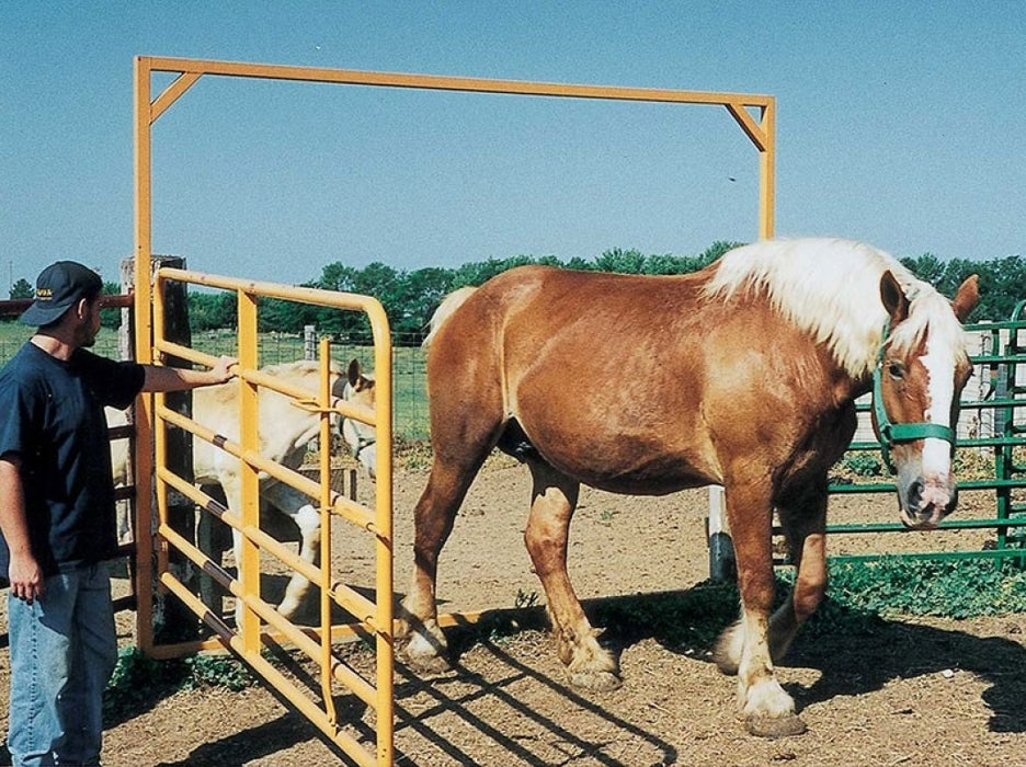 Front view of Sioux Steel Victory Walk-Thru Livestock Gate built from heavy-duty steel for safe and long-lasting livestock handling.